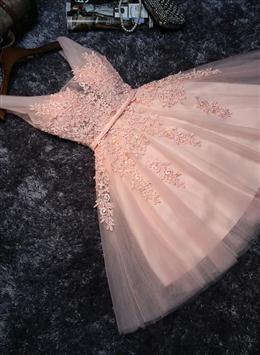 Picture of Pink V-neckline Tulle Knee Length Party Dresses, Lovely Tulle Formal Dresses